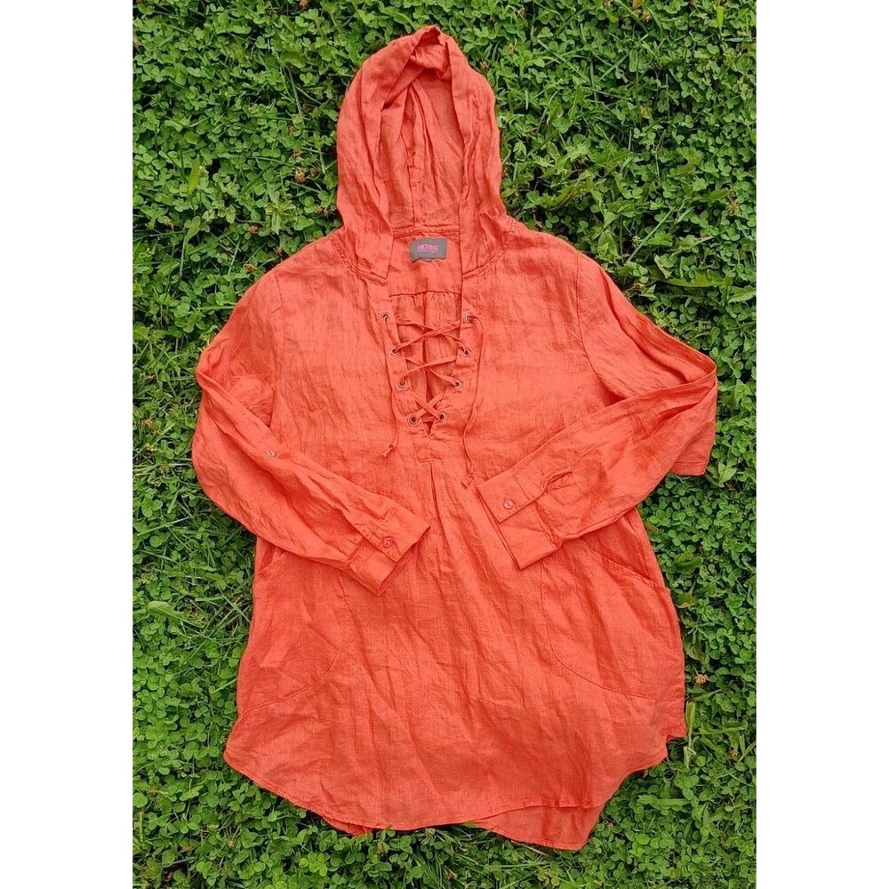 Boho Linen Blend Hooded Tunic Cover Up Coral Orange Lace Up Beachwear XL